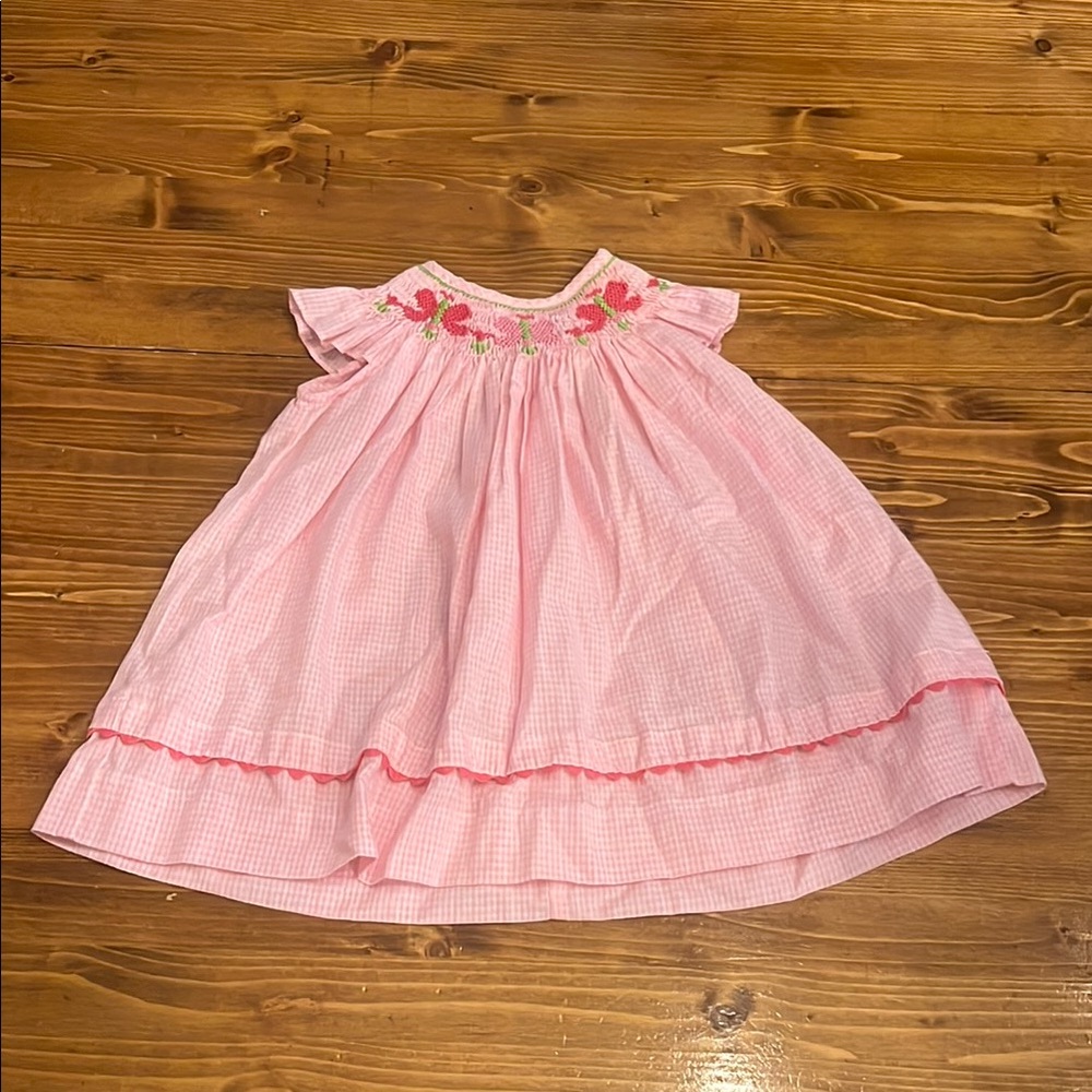 Pink Gingham Kids Dress with Floral Embroidery